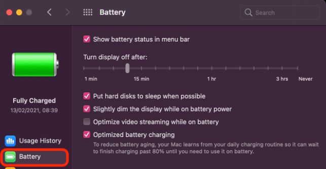 MacBook battery health menu
